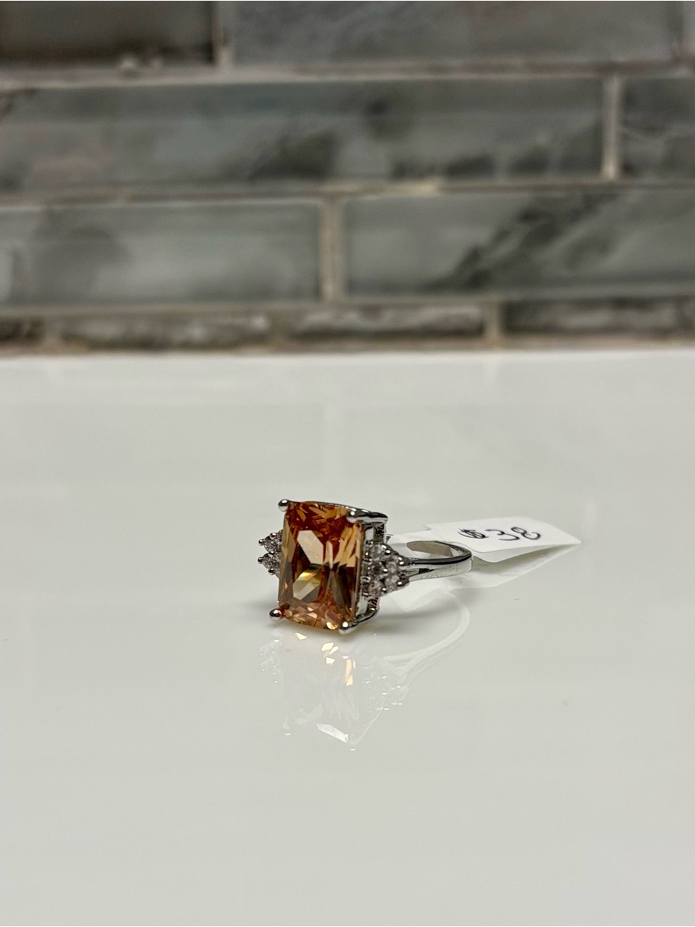 Emerald Cut Orange Citrine Topaz Color Silver Tone Ring. See Descript For Sizes